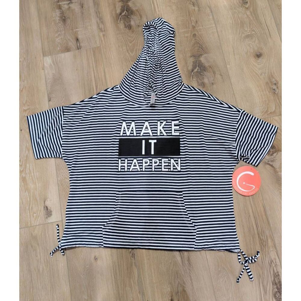 Guru Active Hoodie Top XL BNWT Navy White Striped Short Sleeve Cropped Pullover